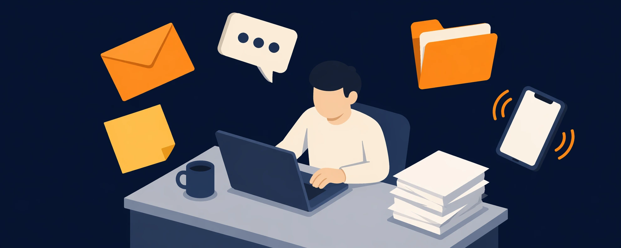 Illustration d'une TPE en Charente-Maritime débordée par la dispersion : messages, emails, documents et notes éparpillés, sans point de centralisation